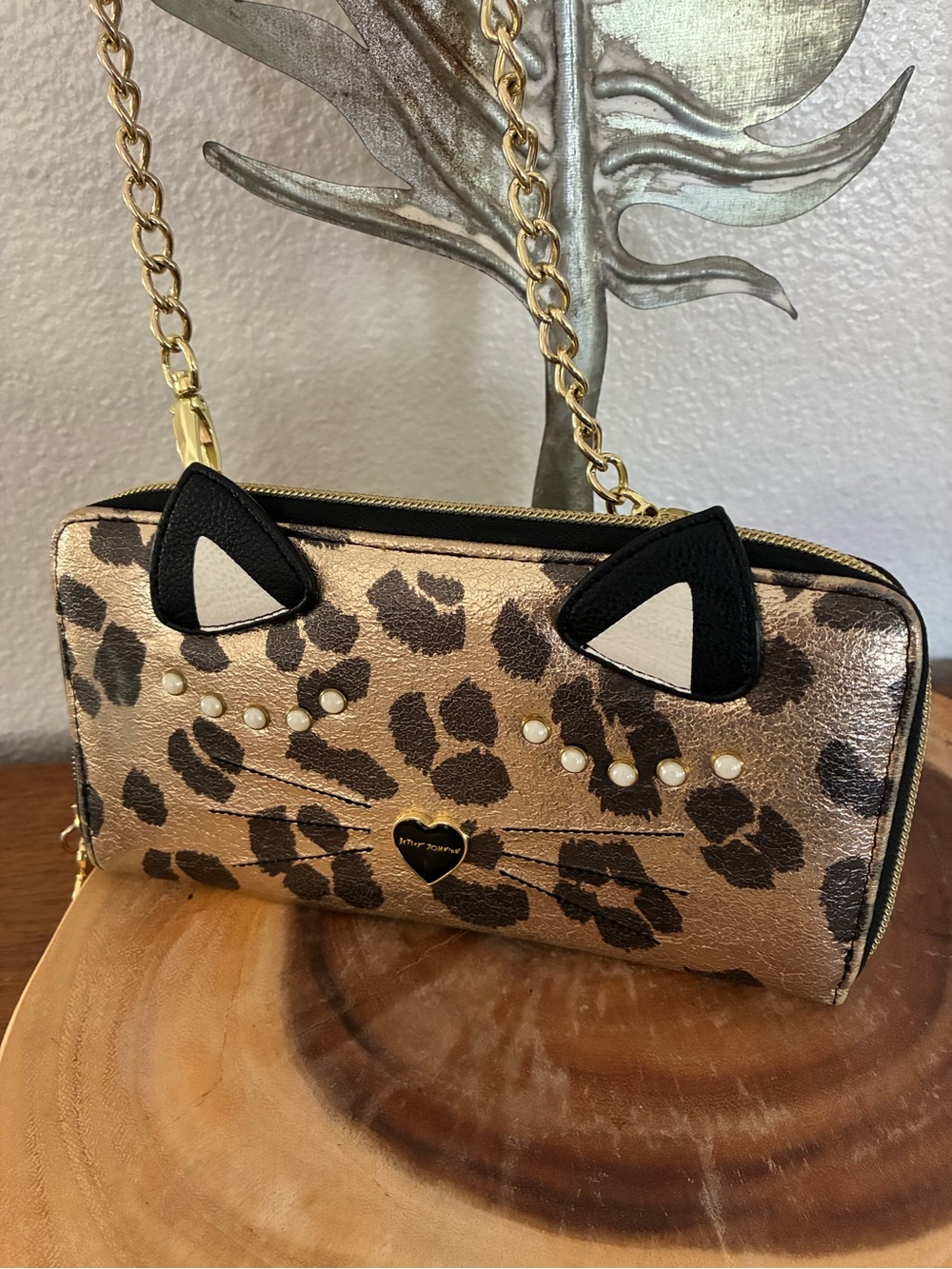 Betsey Johnson Gold Leopard Cat-Ear Crossbody Bag with Black Accents